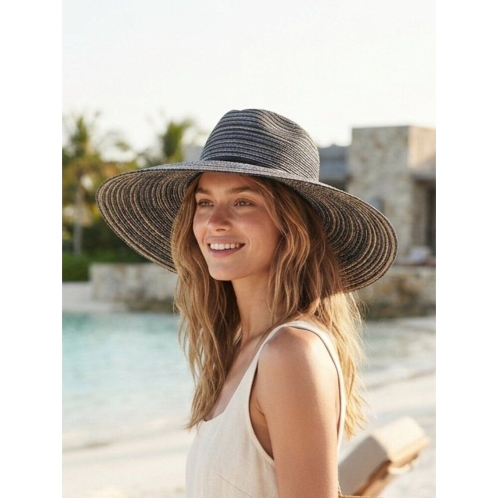 Sloggers Wide Brim Straw Sun Hat in Natural and Navy Stripes